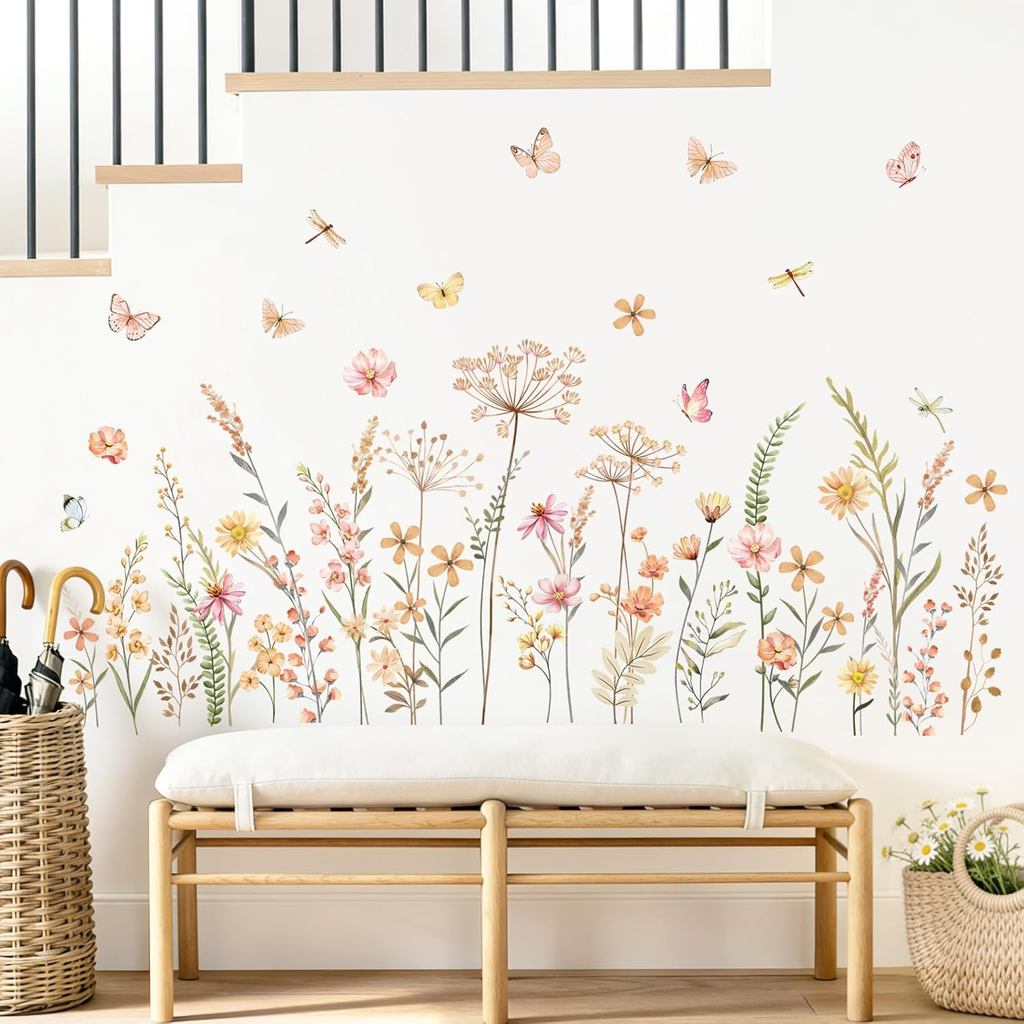 Boho Flower Wall Decals Bohemian Wildflower Grass Wall Stickers Peel and Stick Vinyl Decor for Girls Bedroom Living Room