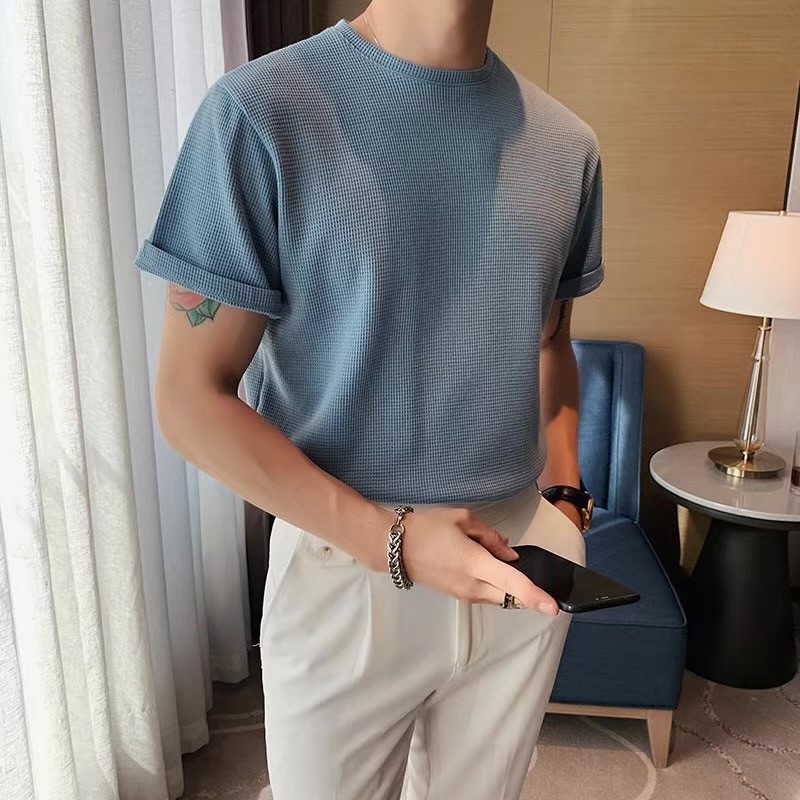 Em torno do pescoço respirável de manga curta t verão High-End camiseta masculina na moda simples bonito Waffle meia man