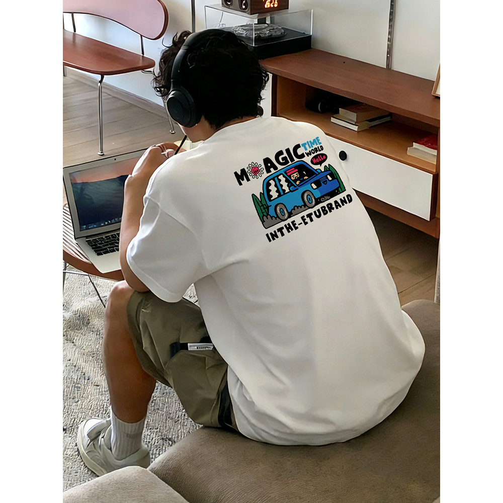 Americano Retro Anime impressão Casual camiseta masculina verão street Wear pesado puro algodão High street oversize man