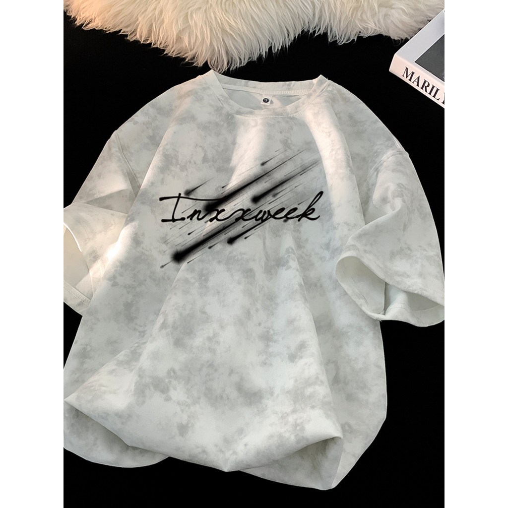 Camiseta americana Tie-Dye de manga curta masculina verão street Wear ins High street solto em torno do pescoço meia man