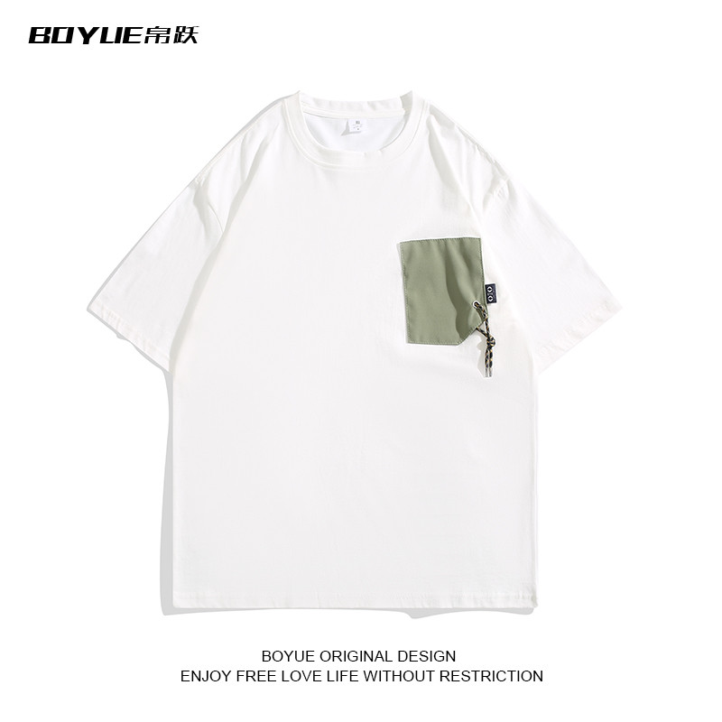 BOYUE BOYUE Verão Trendy Único Irregular Cor Combinando Manga Curta Meninos Japonês High-End Design Camiseta de Meia Man