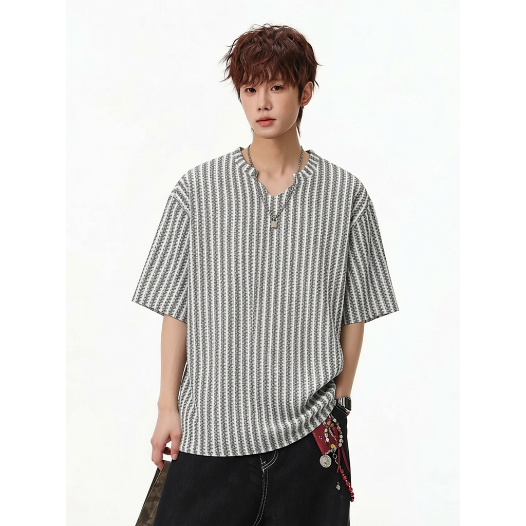 BOYUE BOYUE Japonês Retro Estilo Casual Camiseta Homens Mulheres Soltas Com Decote Em V Listrado Preguiçoso High-End Man