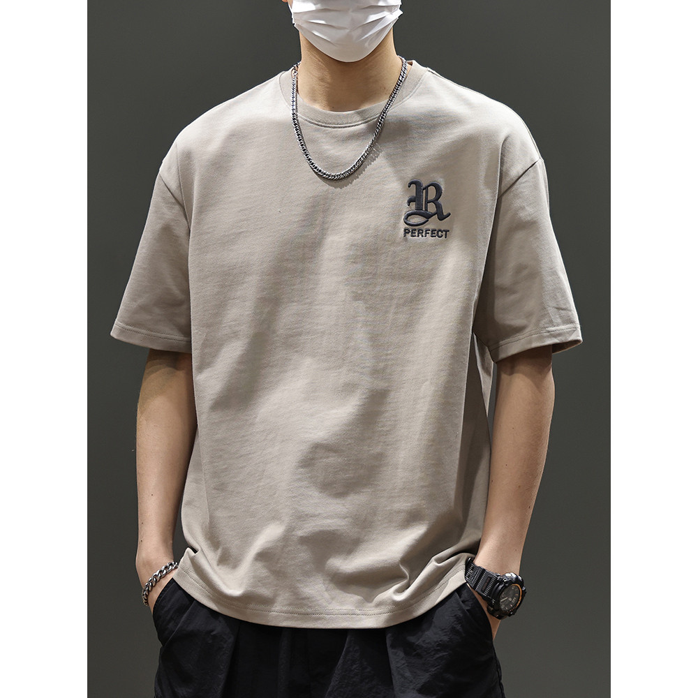 2026 novo estilo americano High-End bordado Casual manga curta camiseta masculina verão topo solto algodão puro meia man