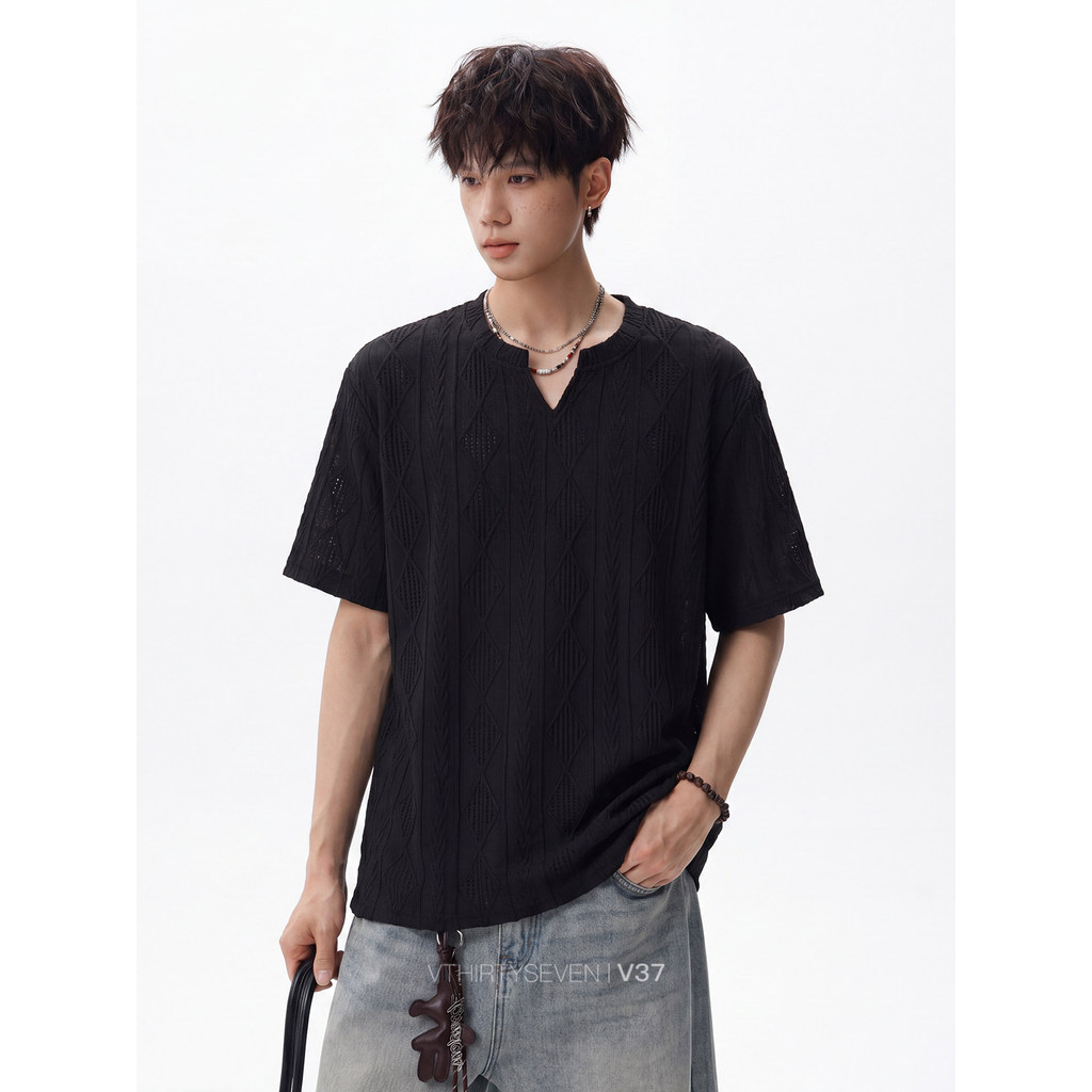 V37 estilo americano diamante verificado oco pequeno decote em V camiseta masculina verão Puffian bonito High-End de man