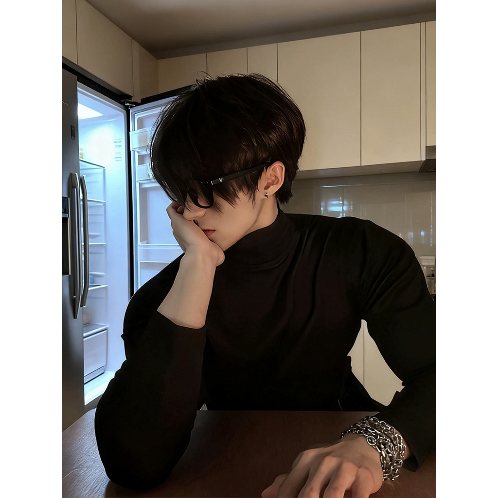 Estilo americano preto alemão veludo camisa de fundo masculino inverno High-End sentido rufião bonito fino-ajuste de man