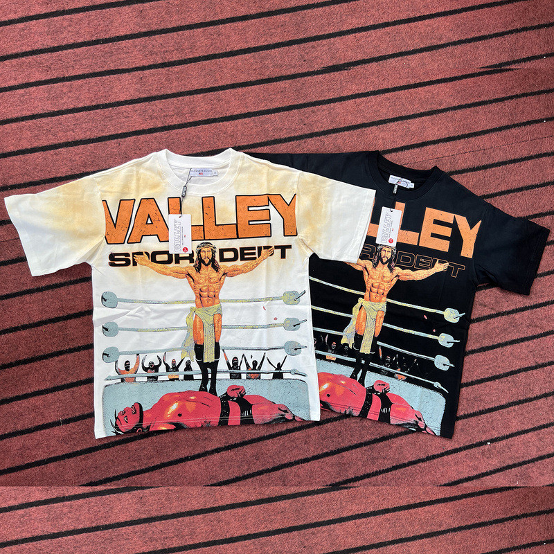 Valley American Street Wear High Street Boxer Ring Print Meia Manga Retro Solta Manga Curta Camiseta Homens Mulheres Man
