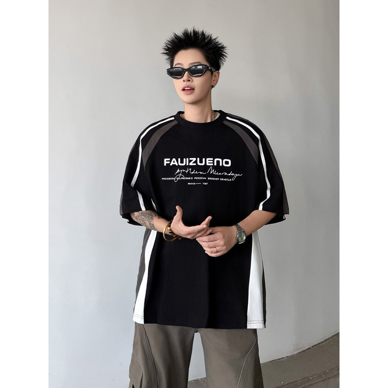 Contraste cor costura camiseta de manga curta masculina americano High Street Puffer bonito em torno do pescoço meia man