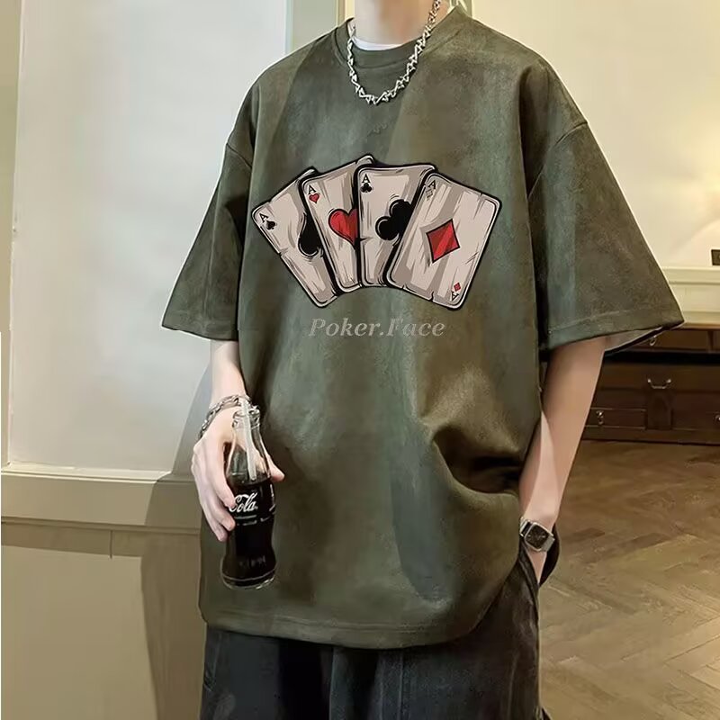 Camiseta divertida cinza escuro masculina americana camurça pesada manga curta oversize High-End tamanho grande meia man