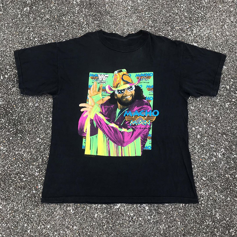 MACHO MAN Retrato Impressão Manga Curta Homens Mulheres oversize High Street Casual Street Wear Vintage Camiseta de Algo