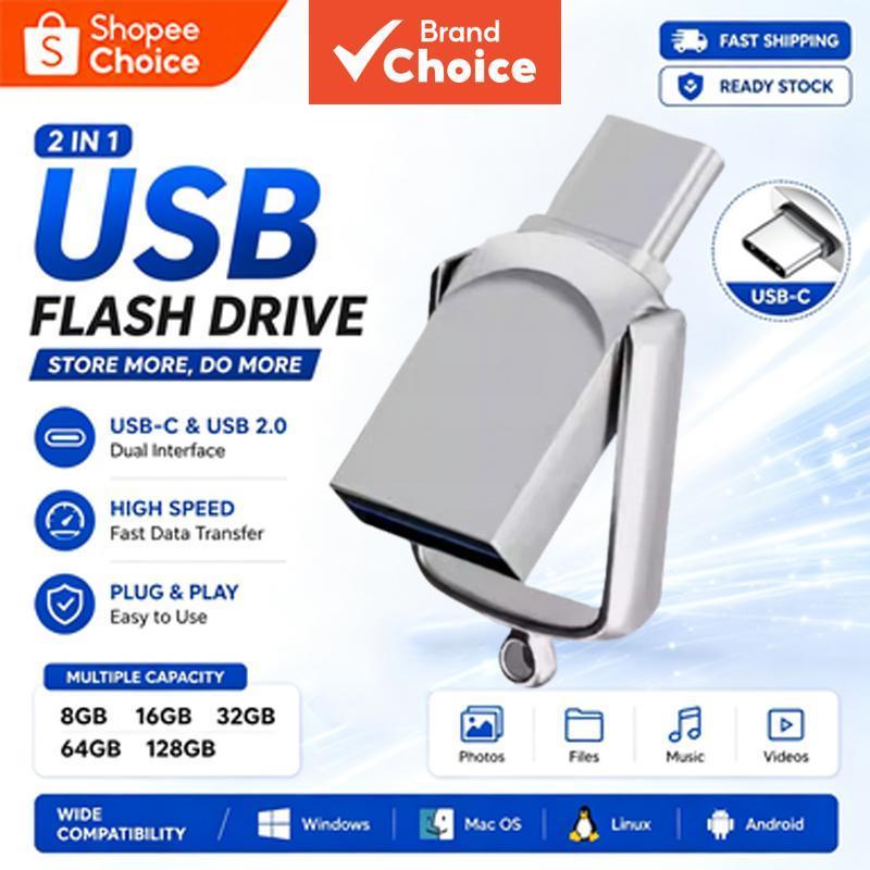Mini pen drive de metal com interface dupla Tipo-C, 16GB 32GB 64GB 128GB, USB de alta velocidade universal, adequada