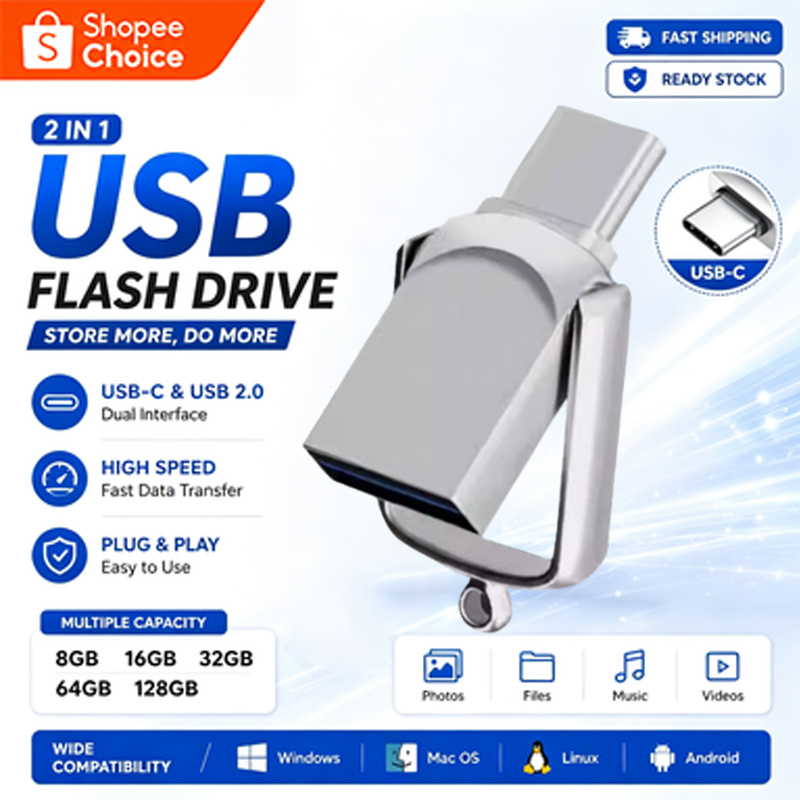 Mini pendrive de metal com duas interfaces Type-C 16GB 32GB 64GB 128GB, USB de alta velocidade universal, adequado para