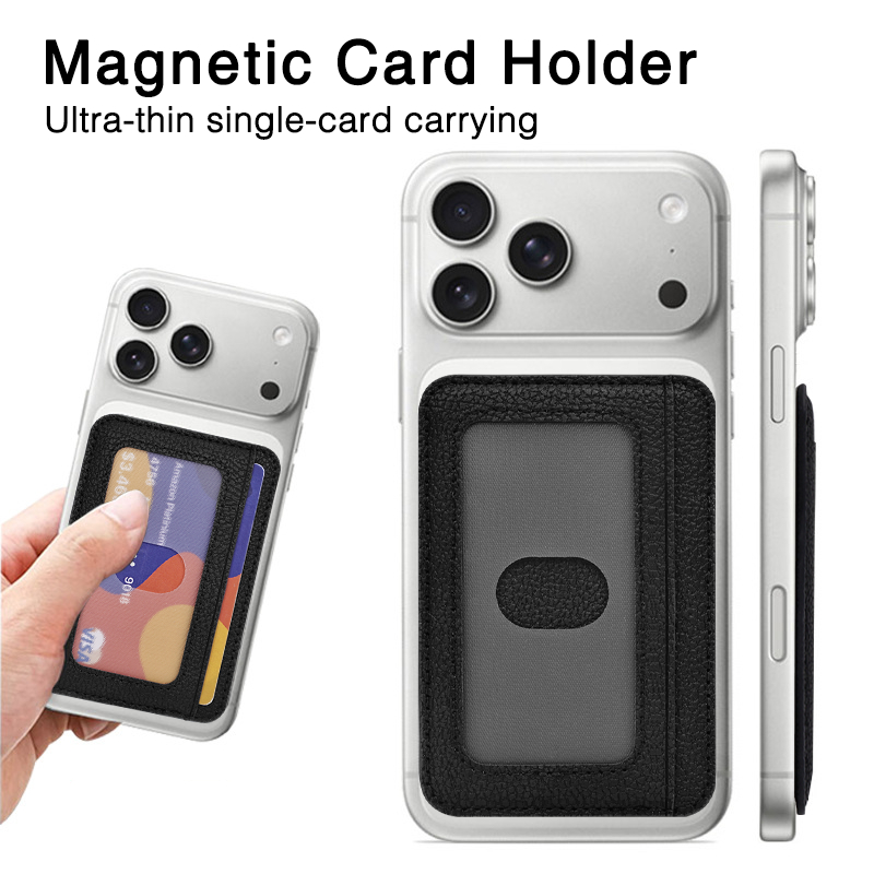 Porta-cartões magnético para celular Porta-cartões MagSafe Couro pu ultrafino Padrão de lichia Slot para cartão transpar