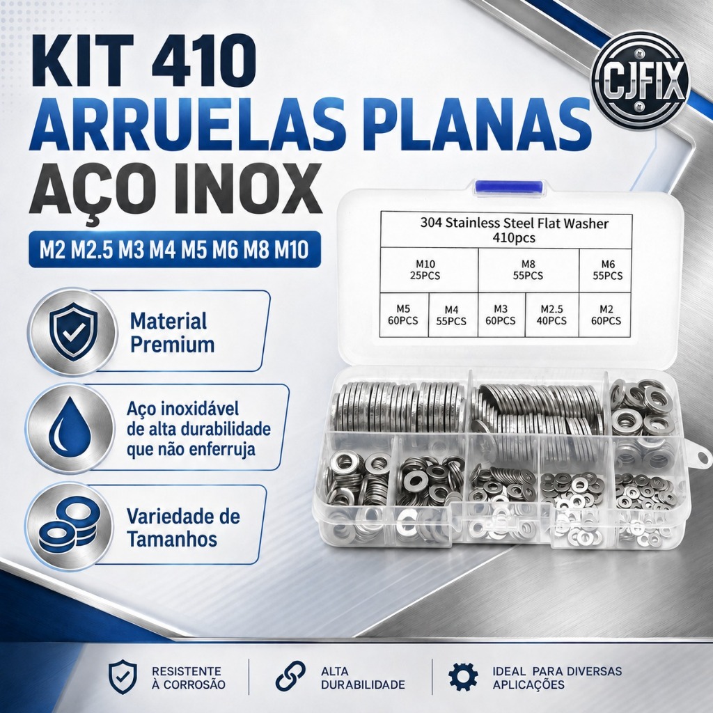KIT 410 ARRUELAS PLANAS AÇO INOX M2 M2.5 M3 M4 M5 M6 M8 M10