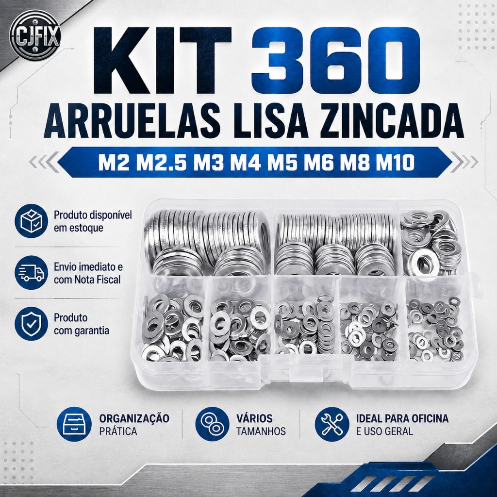 KIT 360 ARRUELAS LISA M2 M2.5 M3 M4 M5 M6 M8 M10 ZINCADA