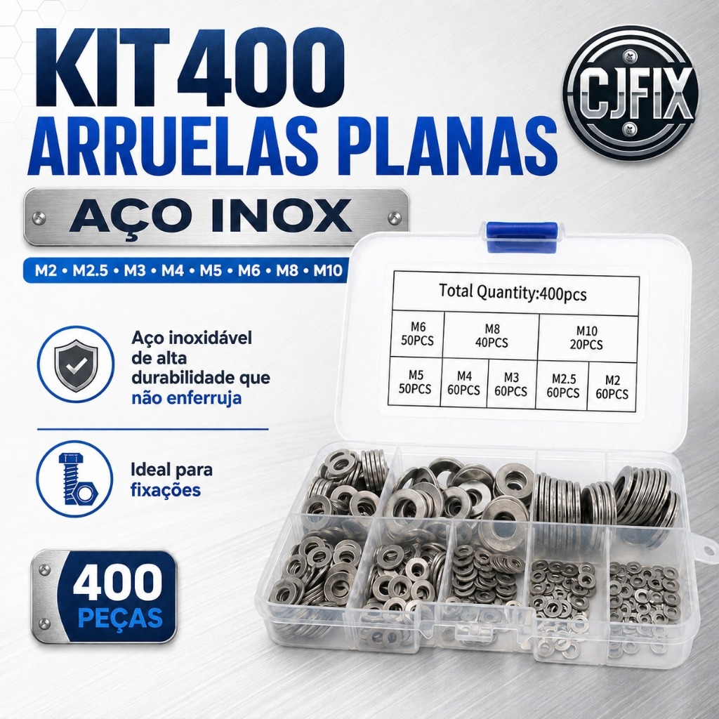 KIT 400 ARRUELAS PLANAS AÇO INOX M2 M2.5 M3 M4 M5 M6 M8 M10