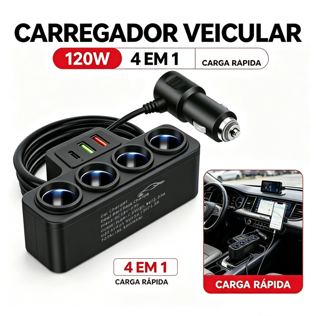 Car Charger Adapter 12V/24V 120W 4 In 1 3 Socket Dual USB Cigarette Lighter Splitter
