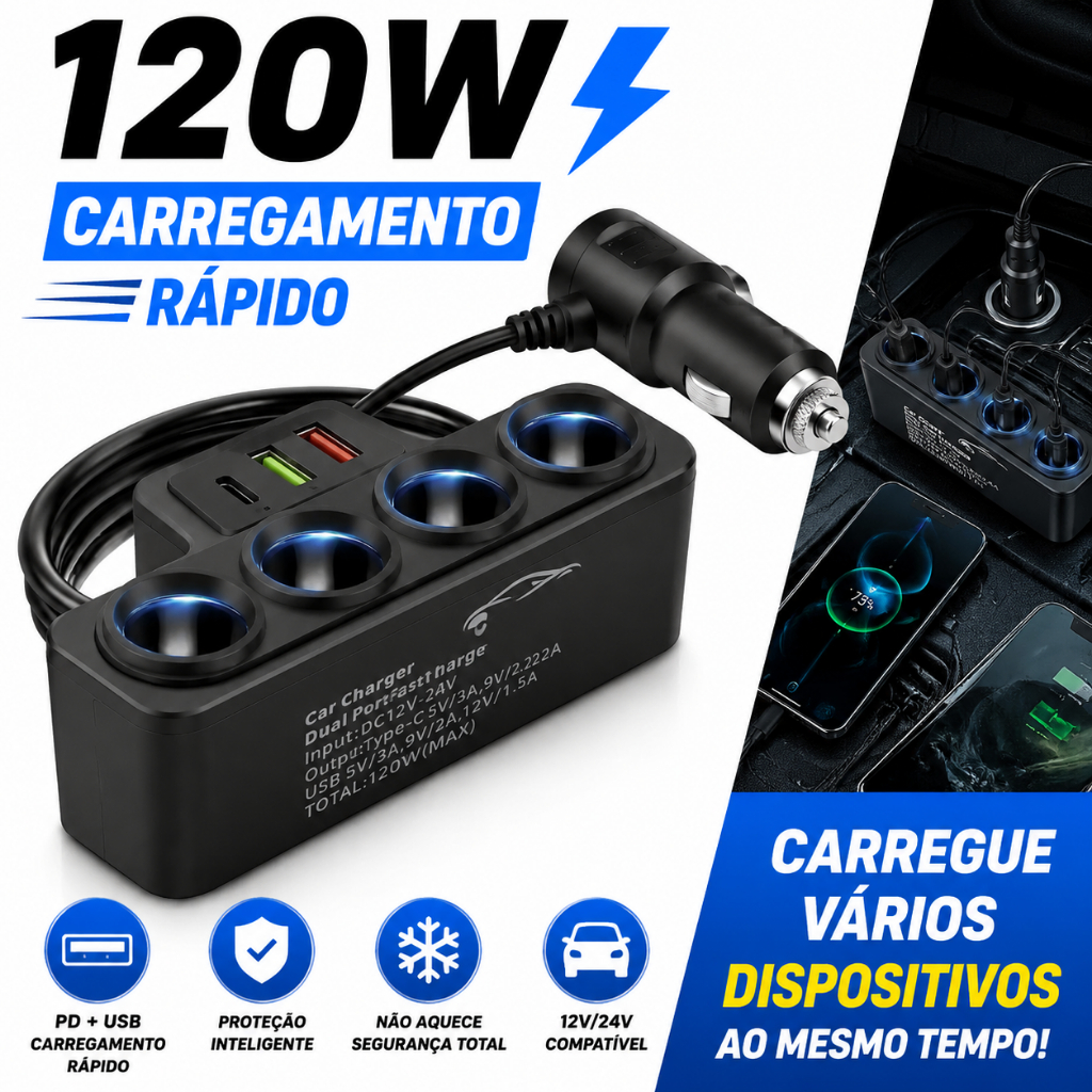120W Car Cigarette Lighter Adapter 4 In 1 12V/24V USB Socket