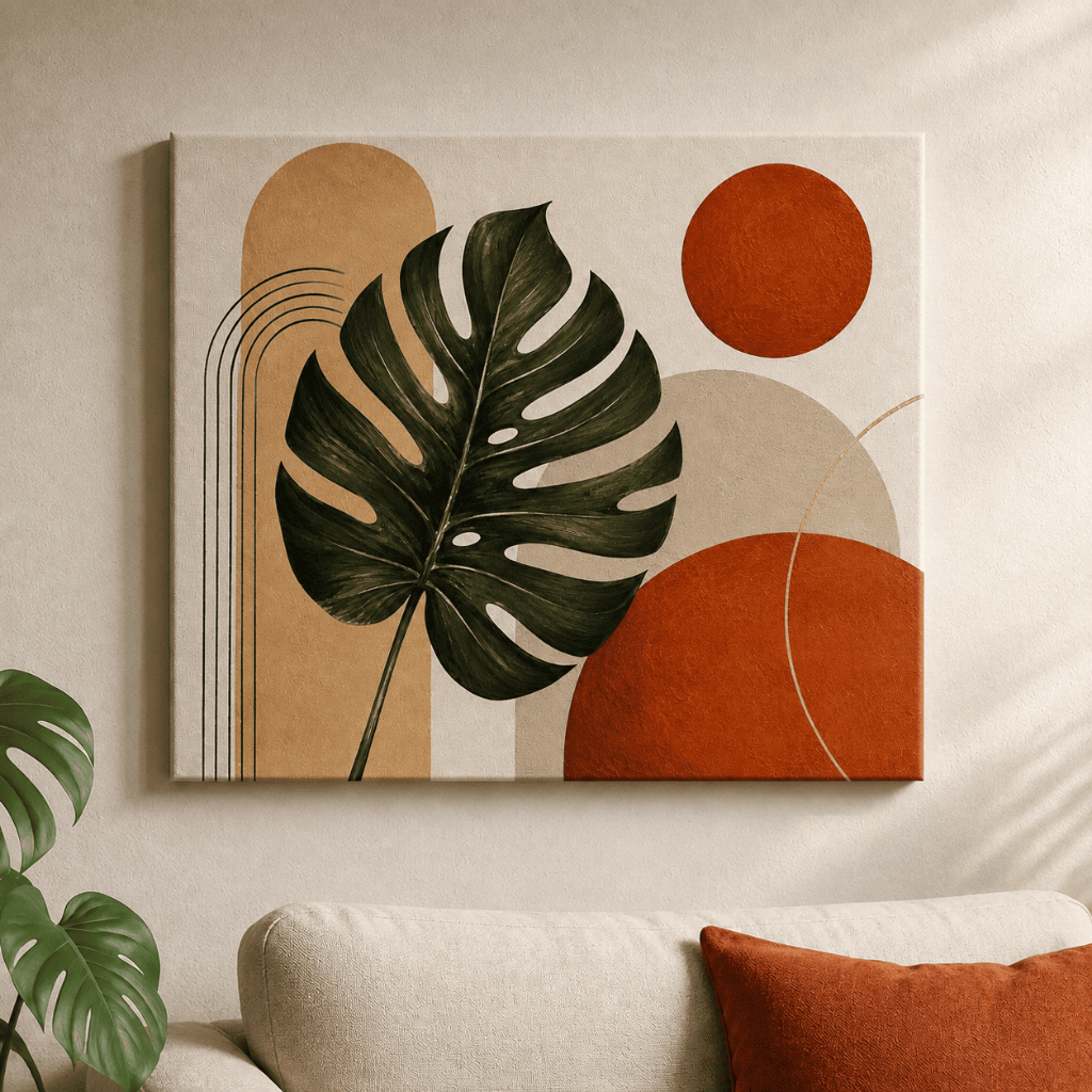 Quadro Decorativo Boho Costela De Adão Tela em Tecido Terracota Sala Quarto Borda Infinita Horizontal Grande 70x60