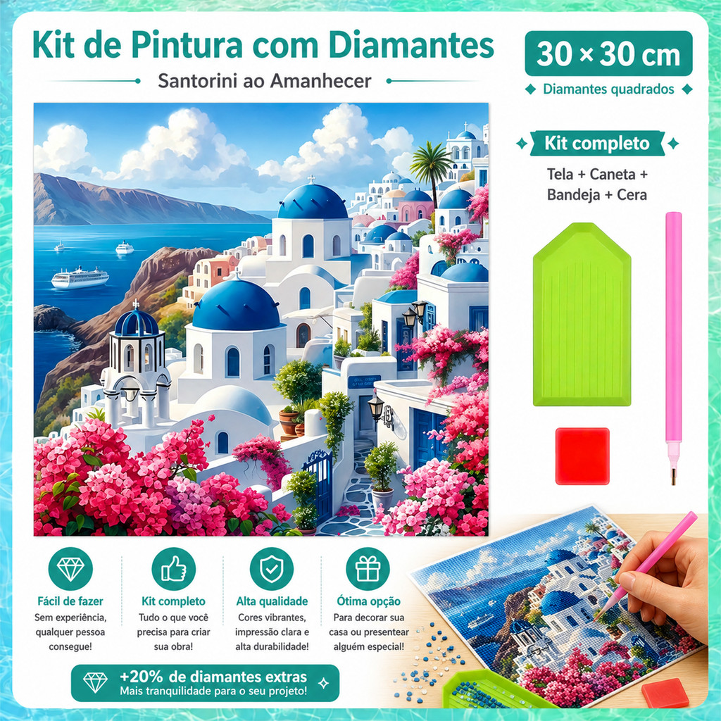Diamond Painting 5D Santorini ao Amanhecer 30x30cm com Pedras Quadradas, Kit DIY para Decoração e Presente