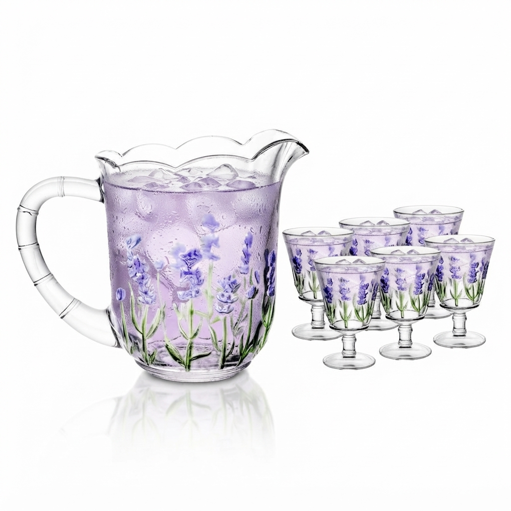 Jogo Jarra 1,3L com 6 Taças 240ml Lyor Cristal Lavanda Pintado à Mão para Suco Água Drinks Vinho Mesa Posta Presente Kit