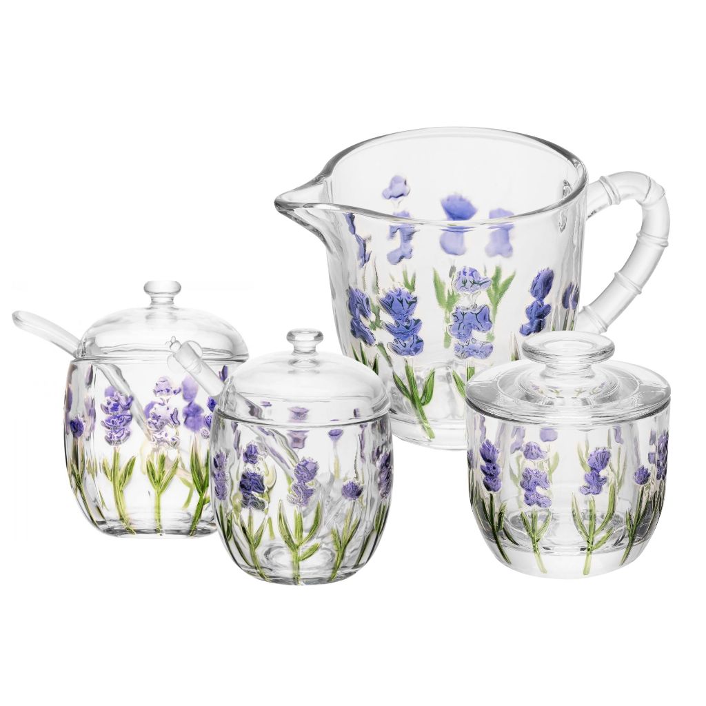 Xicaras, Manteigueira, Leiteira, Açucareiro e Meleira ou Kit 4 completo Lavanda Hand Painting - Lyor