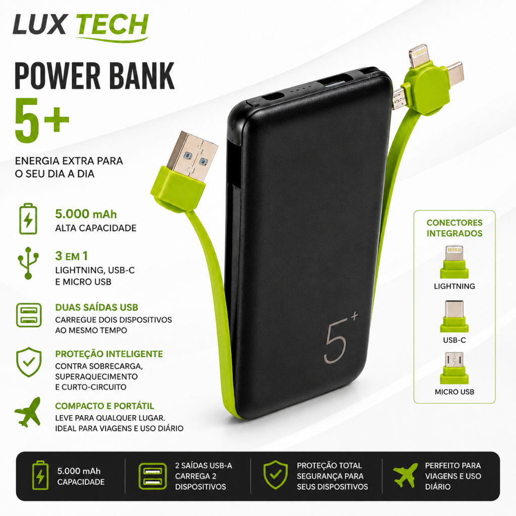 Carregador Portátil Power Bank 5000mAh Conectores
