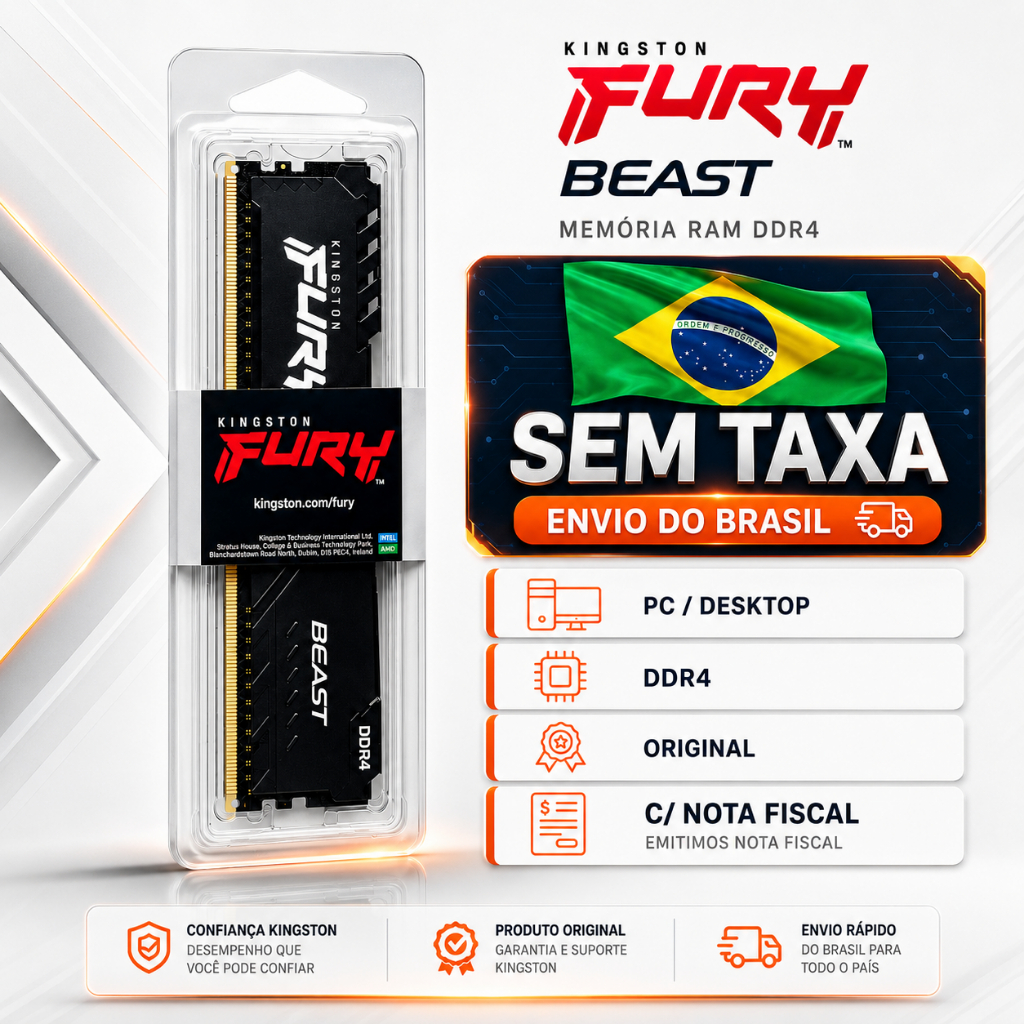 Memória RAM Kingston Fury Beast 8GB 16GB 32GB DDR4 ORIGINAL NOVO PC GAMER Desktop C/ NOTA FISCAL