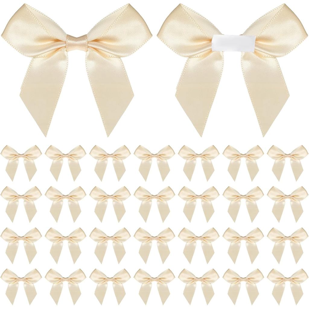 30PCS Mini Satin Ribbon Bows 2 inch Champagne Mini Bows for Crafts Self Adhesive Bow for Gift Wrapping Pretied Bow with