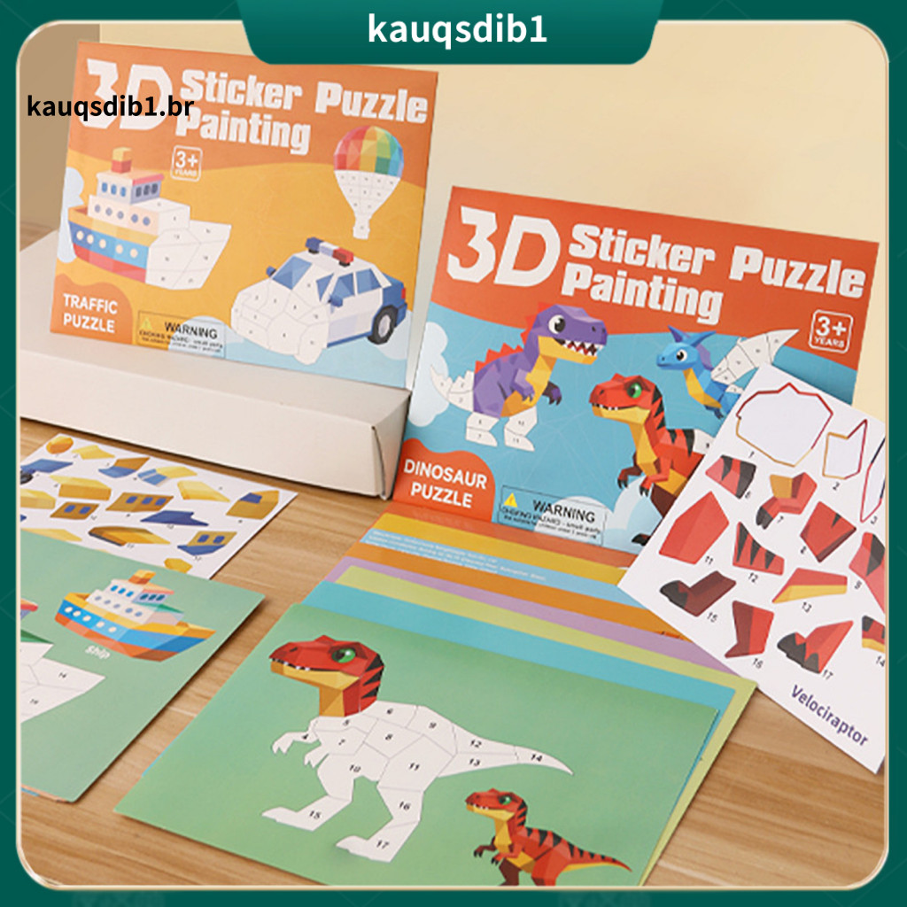 Geometric Sticker Toy 3d Puzzle Painting Book for Kids – Dinosaur Vehicle Themes Fine Motor Skills Focus Training Educ