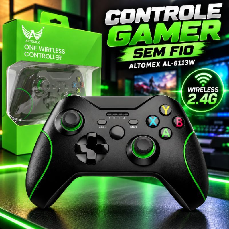 Controle Gamer Sem Fio Wireless 2.4G para PC Notebook Xbox One Altomex AL-6113W com Vibração Dual Shock