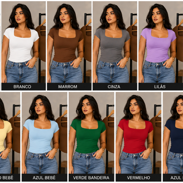 Kits 2,3,4/5 Blusinhas Baby Tee Feminina Blusa Justa Gola Quadrada Manga Curta Suplex Premium Moda Casual Coloridas