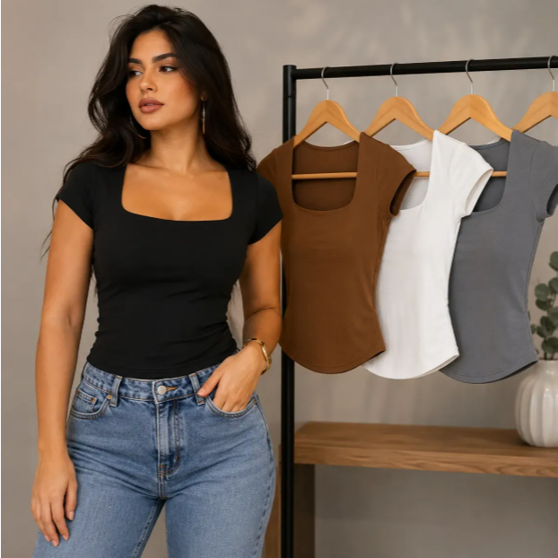 Kit c/2,3,4/5 Blusinhas Baby Tee Feminina Gola Quadrada Manga Curta Slim Fit Suplex Premium Básica Casual Várias Cores