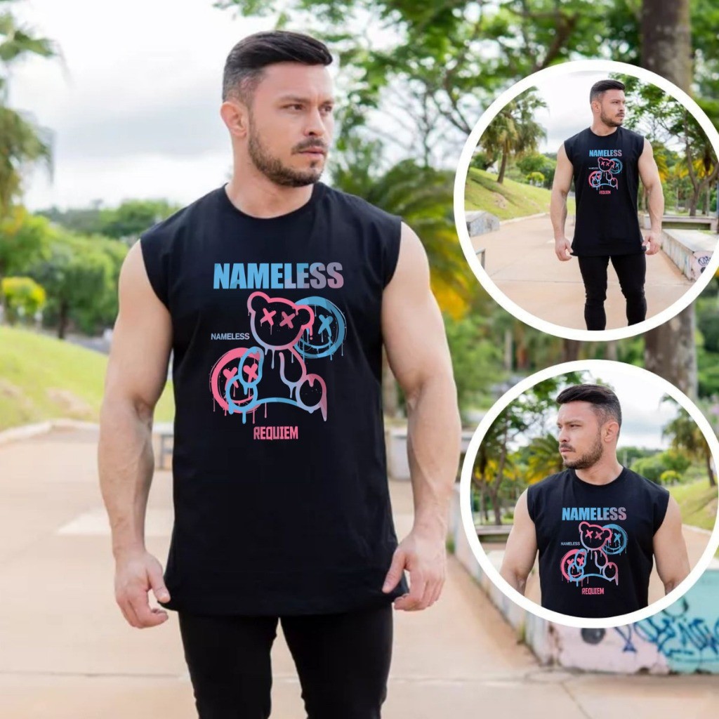 Camiseta Regata Oversized Masculina Ursinho Nameless Algodão Premium Estilo Academia Street Casual