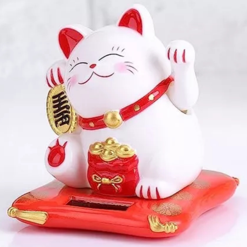 Gato Da Sorte E Fortuna Maneki Neko Decorativo Energia Solar Branco ou Dourado