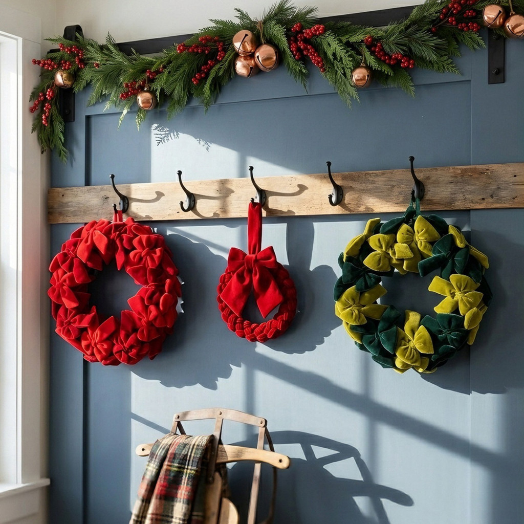 Christmas Velvet Wreath Green Hanging Ornament with Bow – Festive Decoration for Table Fireplace Porch Wall Perfect fo