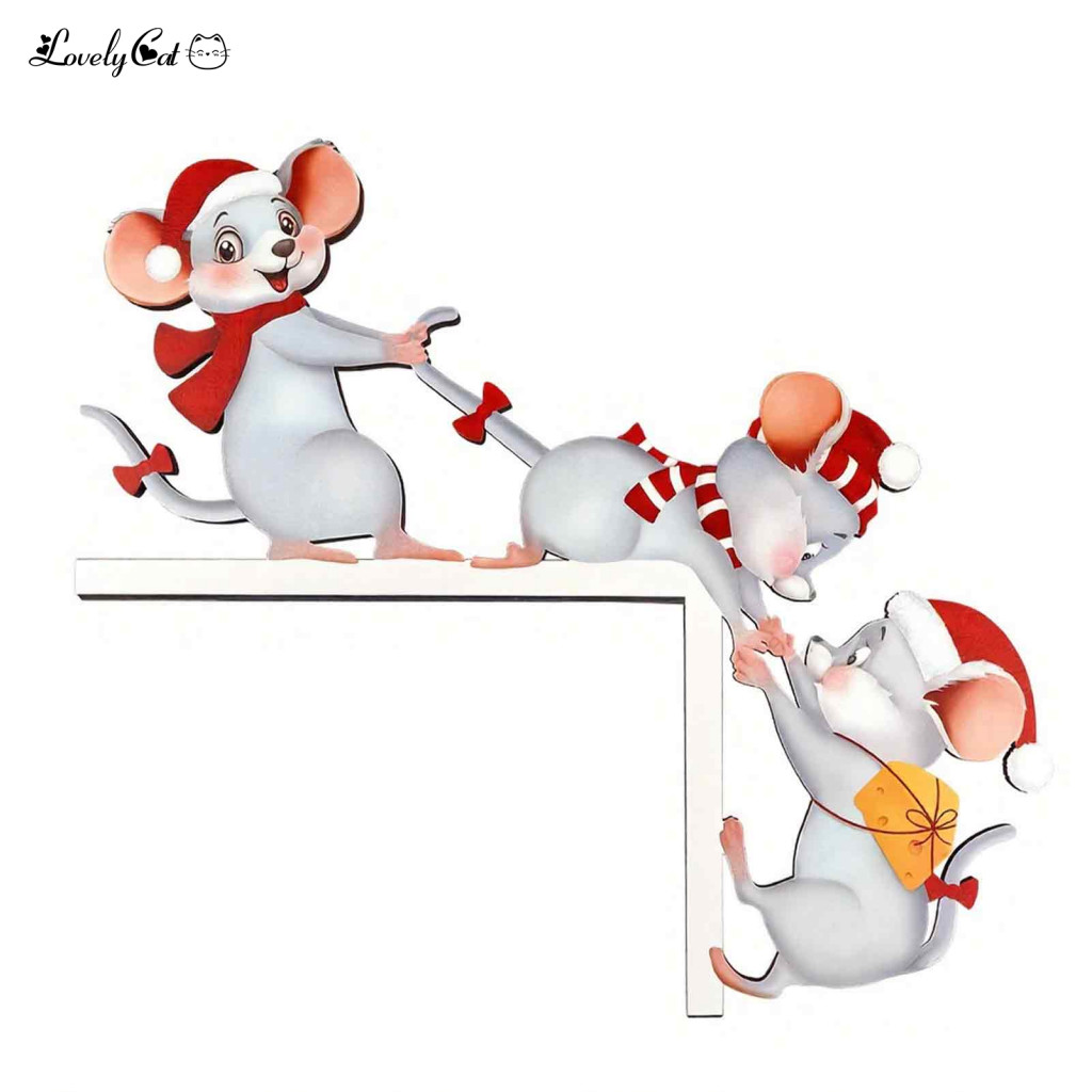 Christmas Mouse Door Frame Decor Fireplace Shelf Decoration Wooden Santa 3 Mice Cartoon Ornament Festive Xmas Party for