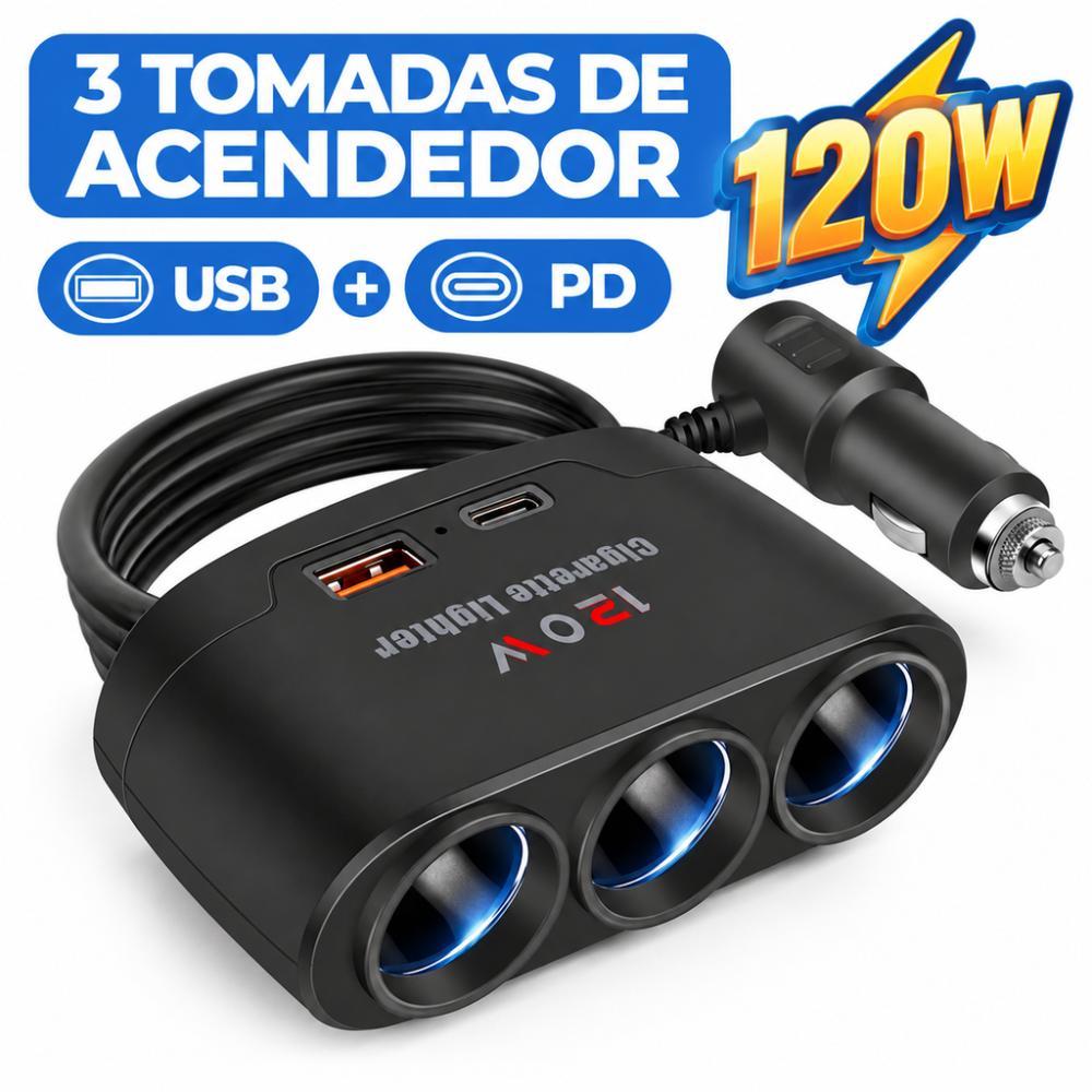 120W Car Cigarette Lighter Splitter 3 Sockets, USB+PD QC3.0 Fast Charger, 12-24V for Car & Truck