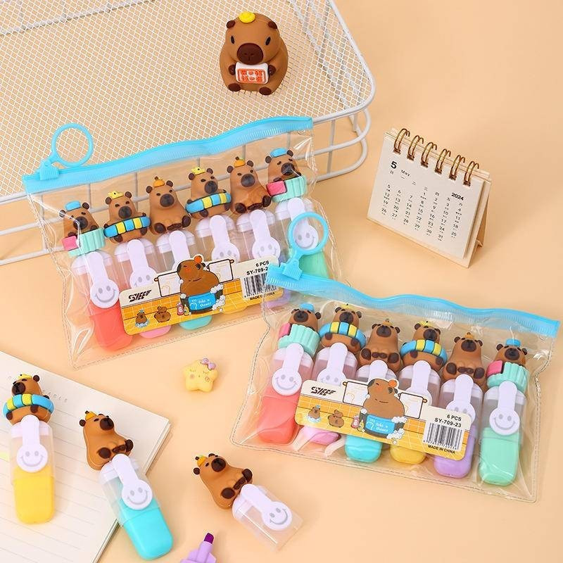 6Colorful oblique-tip highlighter pen, cute capybara cartoon highlighter pen, colorful fluorescent marker pen, student b
