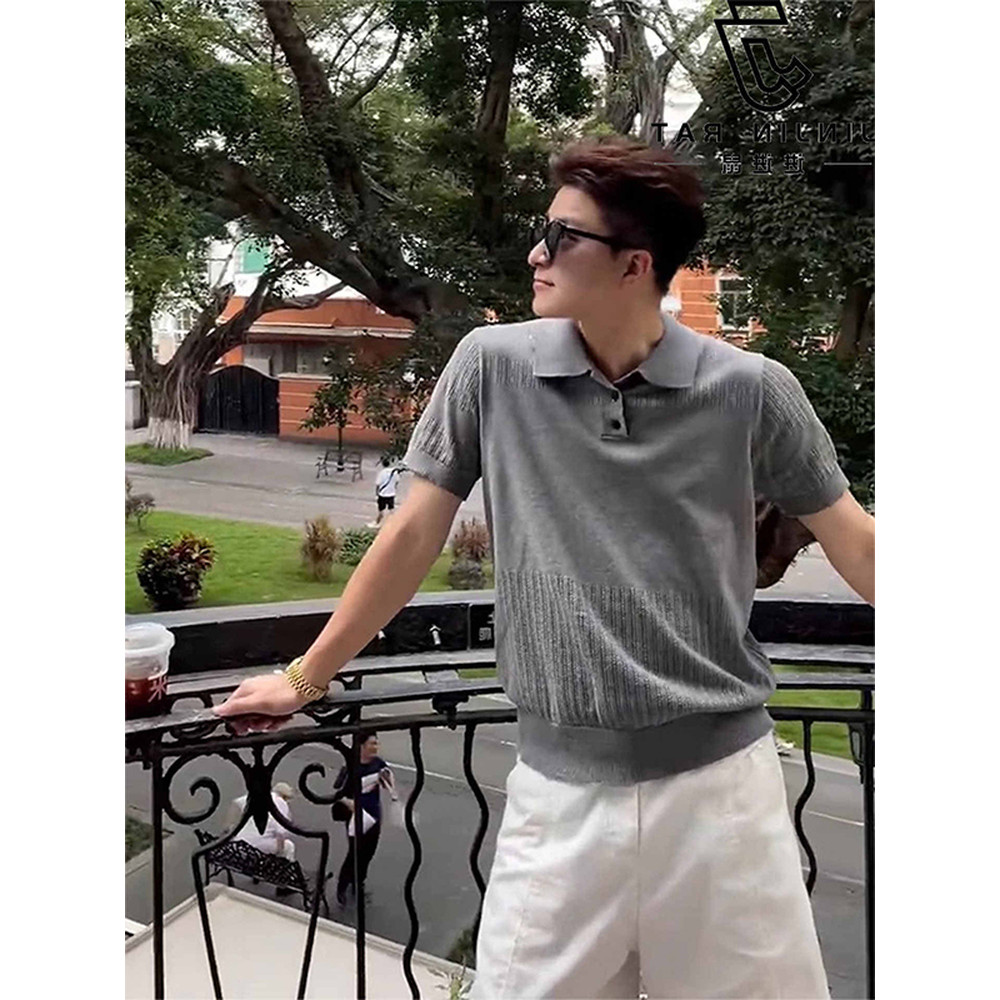 Cinza Henry colarinho gelo seda malha manga curta masculina verão High-End lapela camisa Polo americano simples meia man