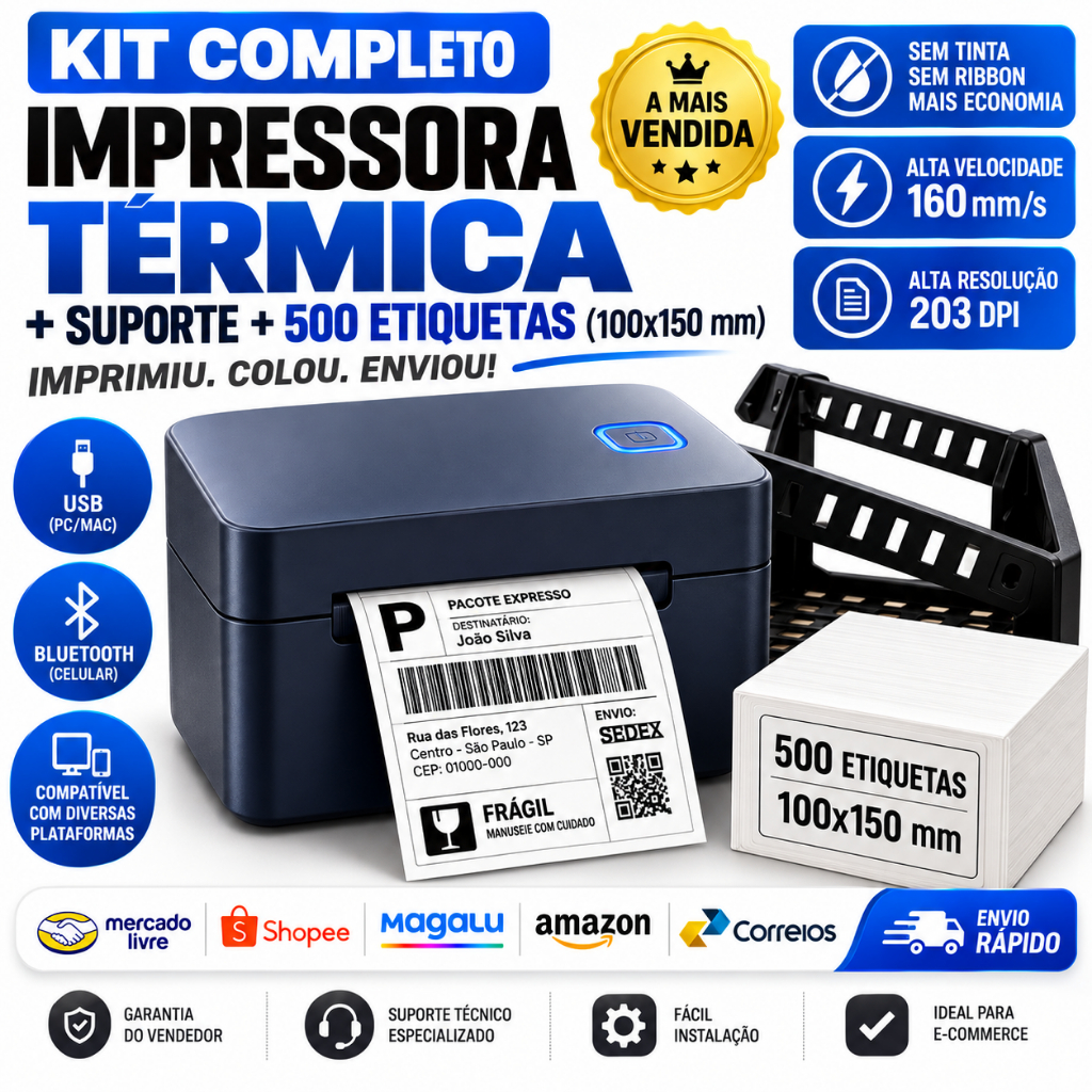 Kit Impressora Térmica Bluetooth Etiquetas 100x150 4x6 + Suporte + 500 Etiquetas