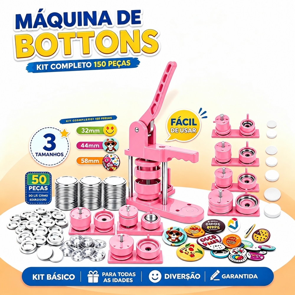 3 Kit DIY Button Machine + 50-Piece Kit (32/44/58mm) – Badge Making Machine with Interchangeable Molds