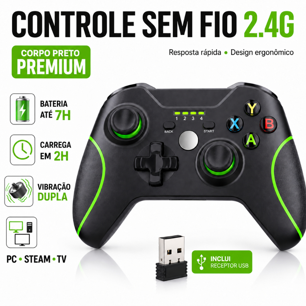 Controle Gamer Sem Fio 2.4G Gamepad Joystick Compatível PC, PS3, Android, Steam, Xbox 360, Recarga USB
