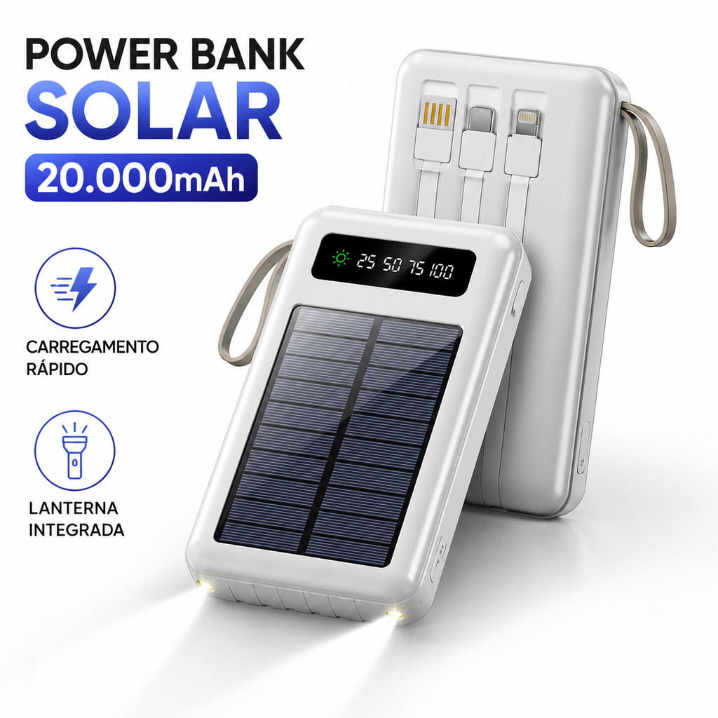 Power Bank Solar 20000mAh com 4 Cabos Embutidos Carregador Portátil Painel Solar e Saída Rápida USB