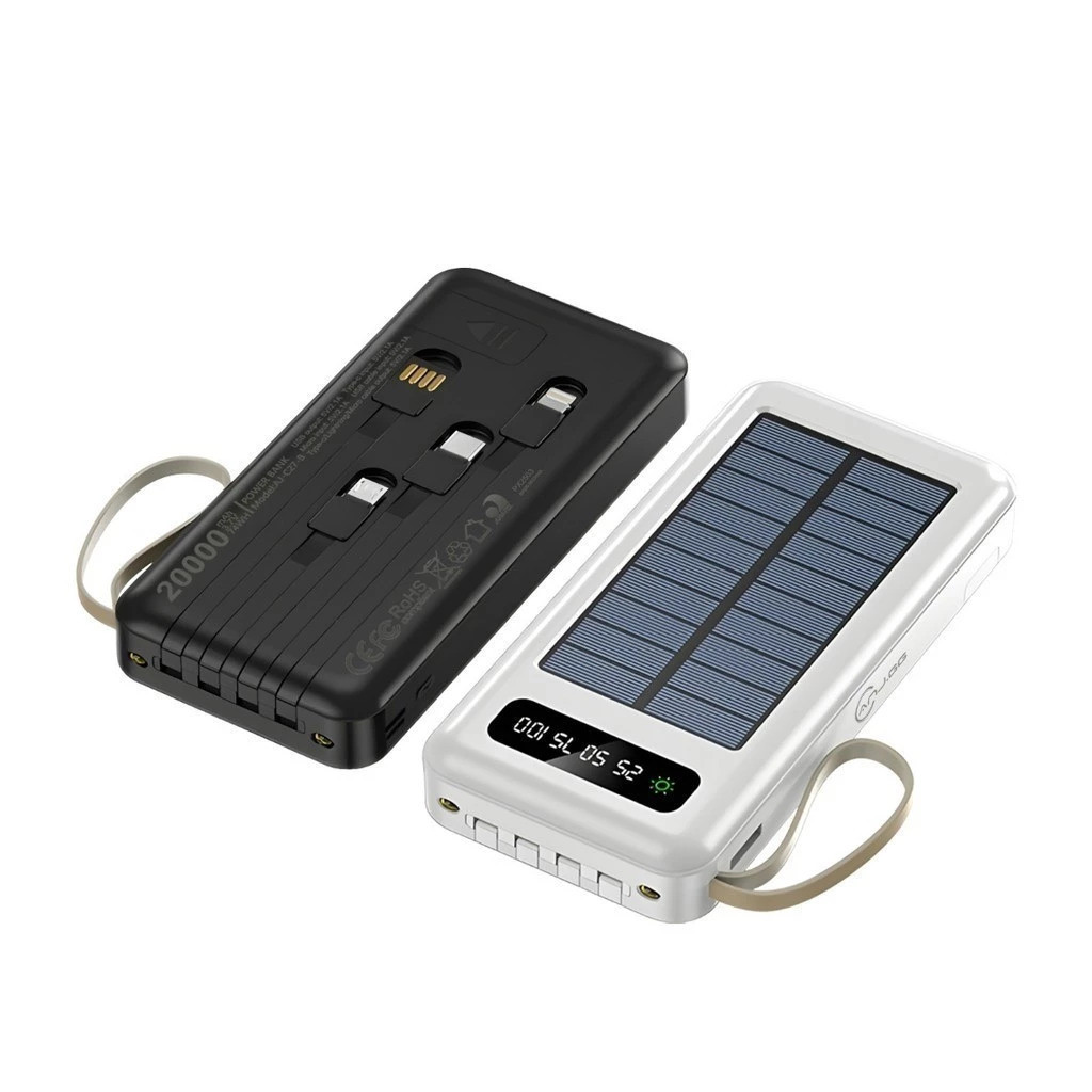 Power Bank Solar 20000mAh com Suporte Carregador Portátil com 4 Cabos e Lanterna LED Bateria de Emergência Ar Livre