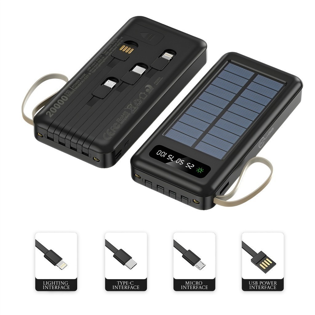 Carregador Portátil Solar 20000mAh Power Bank com Cabos Embutidos Display Digital USB Rápido