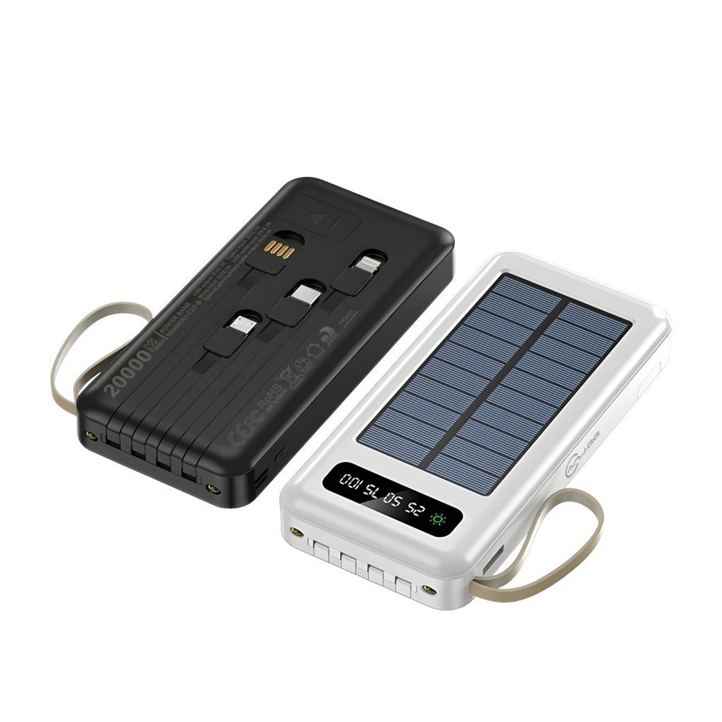 Carregador Portátil Solar 20000mAh Power Bank com Cabos Embutidos Display Digital USB Rápido