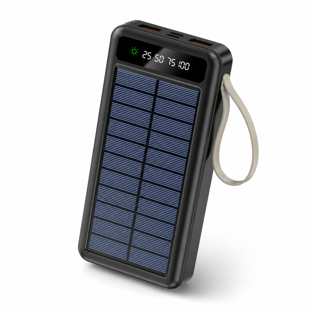 Carregador Portátil Solar 20000mAh Power Bank com Cabos Embutidos Display Digital USB Rápido