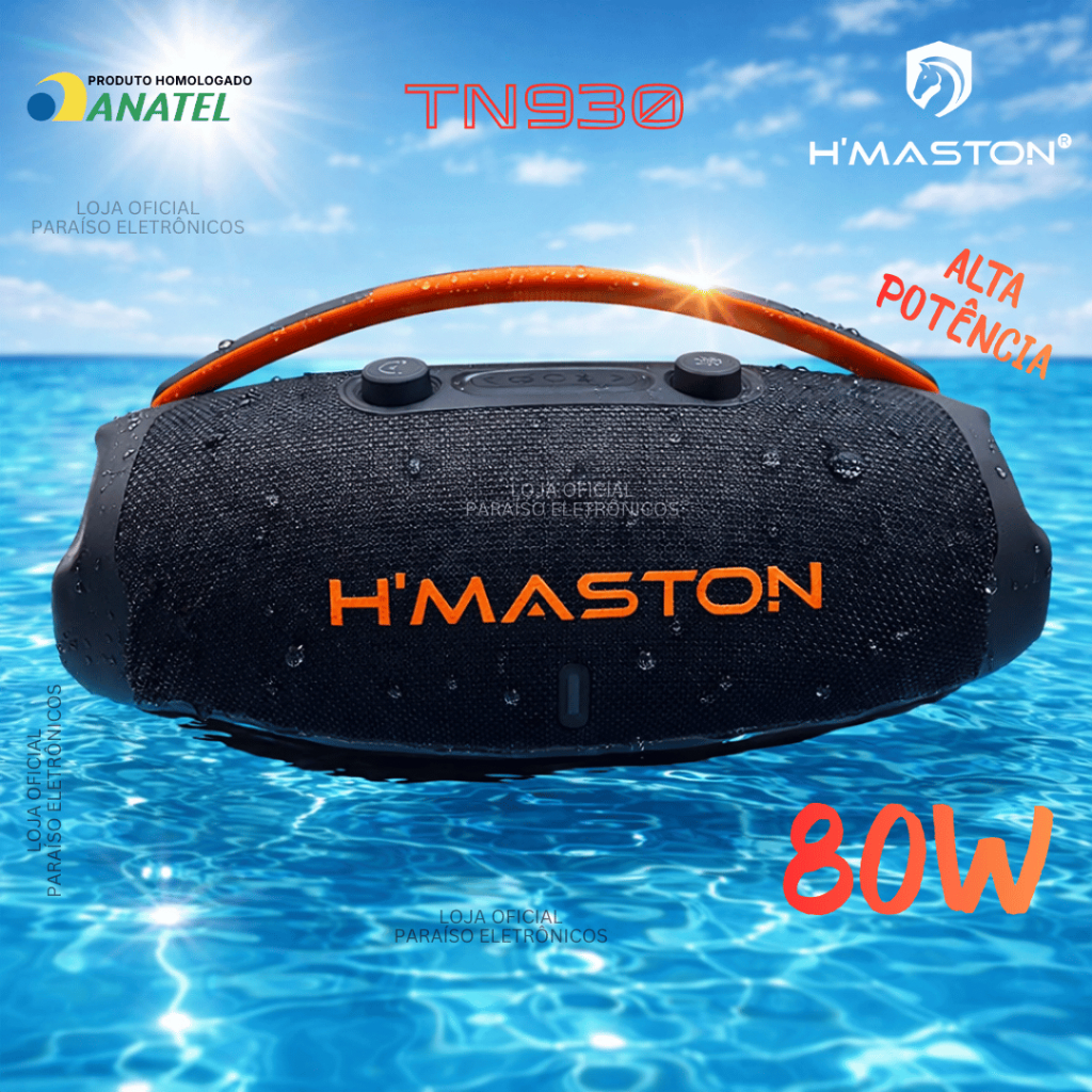 Caixa de Som SUPER BASS BOLT Grande 80W Alta Potência Bluetooth Prova d'Água TWS - H'maston TN930