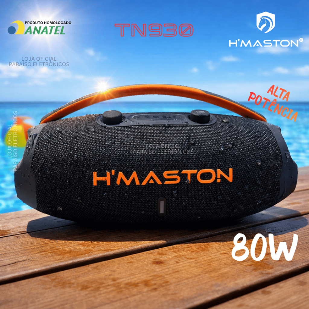 Caixa de Som 80W Boombox ALTA POTÊNCIA Premium Bluetooth SUPER BASS BOLT Prova d'Água TWS H'Maston