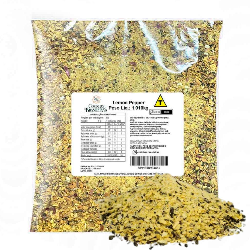 Cozinhas Brasileiras lemon pepper tempero limão pimenta p/ carnes aves peixe 200g, 500g, 1,010Kg